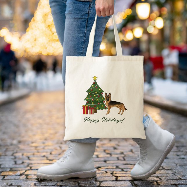 Black And Tan German Shepherd And A Christmas Tree Tote Bag (Please note: This image is a digital mockup. The product may not be in scale.)