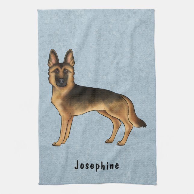 Black And Tan German Shepherd And Custom Name Blue Tea Towel (Vertical)