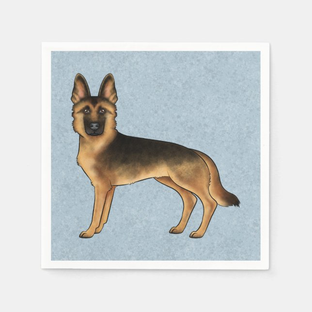Black And Tan German Shepherd Cartoon Dog Blue Napkin (Front)