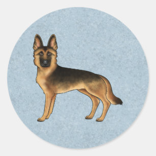 Black And Tan German Shepherd Cartoon Dog On Blue Classic Round Sticker