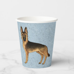 Black And Tan German Shepherd Cartoon Dog On Blue Paper Cups
