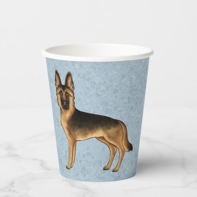Black And Tan German Shepherd Cartoon Dog On Blue Paper Cups (Front)