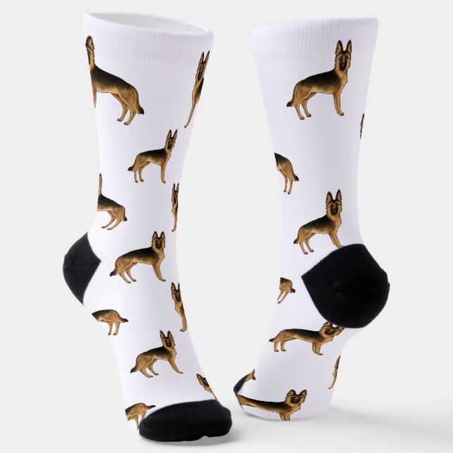 Black And Tan German Shepherd Cartoon Dog Pattern Socks (Angled)