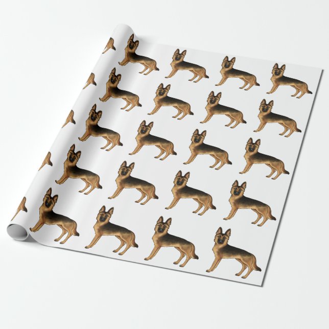 Black And Tan German Shepherd Cartoon Dog Pattern Wrapping Paper (Unrolled)