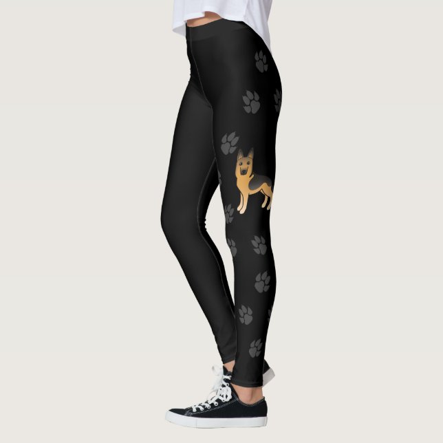 Black And Tan German Shepherd Cartoon Dog & Paws Leggings (Left)