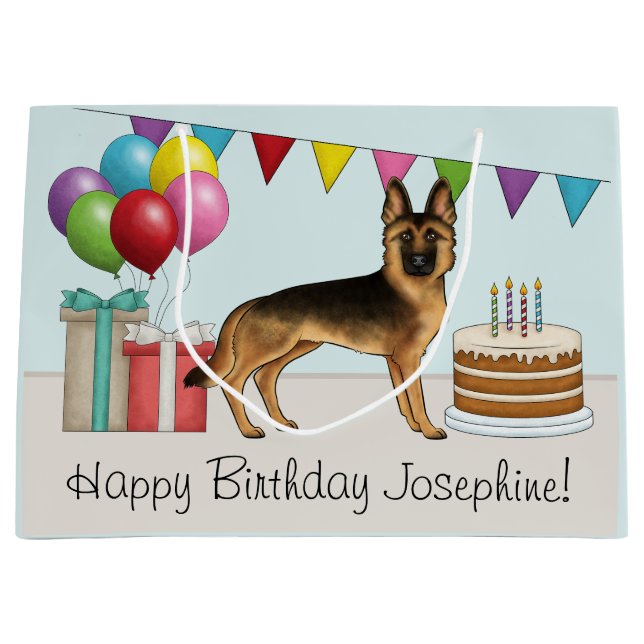 Black And Tan German Shepherd Colourful Birthday Large Gift Bag (Front)