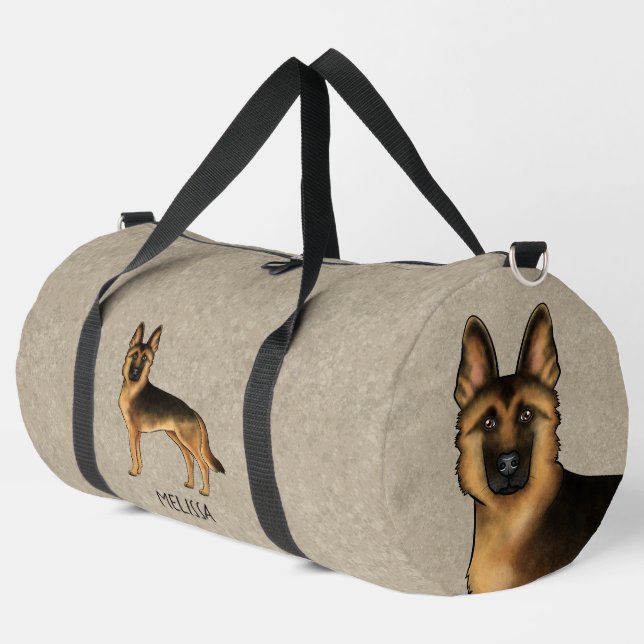Black And Tan German Shepherd Dog And Name Brown Duffle Bag (Left Corner)
