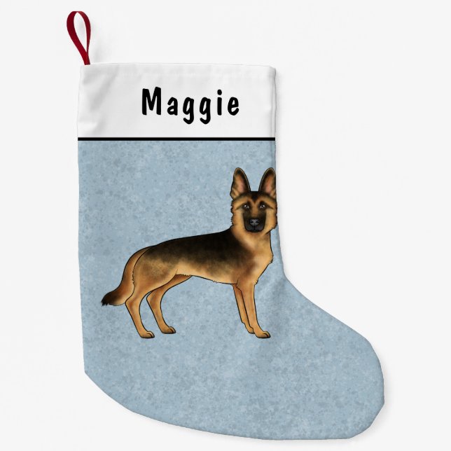 Black And Tan German Shepherd Dog Standing On Blue Small Christmas Stocking (Front)