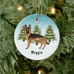 Black And Tan German Shepherd Dog Winter Forest Ceramic Tree Decoration