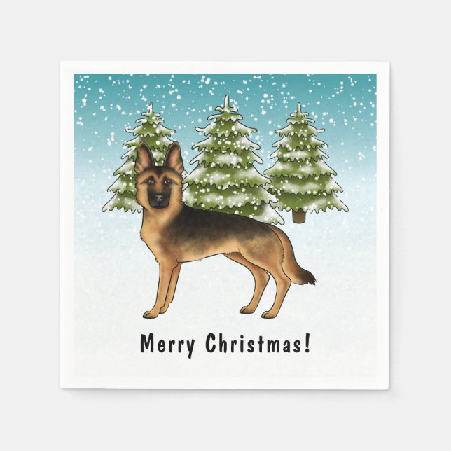 Black And Tan German Shepherd Dog Winter Forest Napkin (Front)