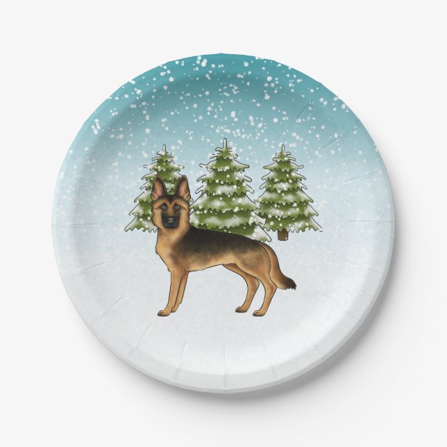 Black And Tan German Shepherd Dog Winter Forest Paper Plate (Front)