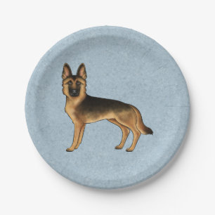 Black And Tan German Shepherd GSD Dog On Blue Paper Plate