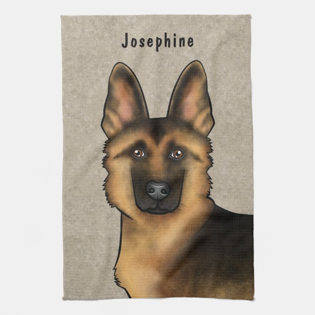 Black And Tan German Shepherd Head And Name Beige Tea Towel (Vertical)