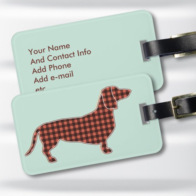 Black and Tan Gingham Dachshund Mint Luggage Tag (Black and tan gingham dachshund personalized luggage tag. You'll spot your bag anywhere!)