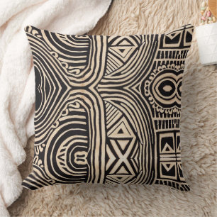 Black and Tan Hand Drawn Tribal African Pattern Cushion