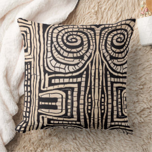 Black and Tan Hand Drawn Tribal African Pattern Cushion