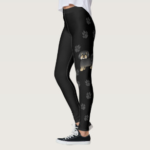 Black And Tan Lhasa Apso Cute Cartoon Dog & Paws Leggings