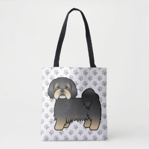 Black And Tan Lhasa Apso Cute Cartoon Dog & Paws Tote Bag