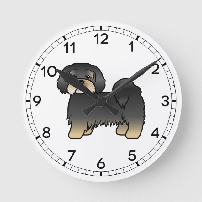 Black And Tan Lhasa Apso Cute Cartoon Dog Round Clock (Front)