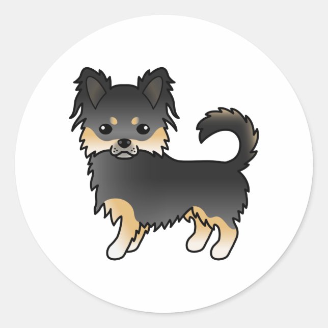 Black And Tan Long Coat Chihuahua Cute Cartoon Dog Classic Round Sticker (Front)