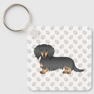 Black And Tan Long Hair Dachshund Cartoon Dog Key Ring