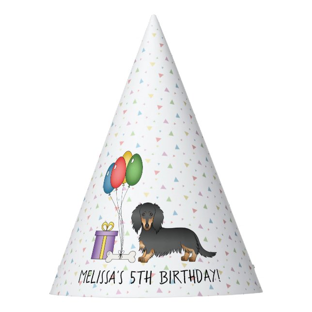 Black And Tan Long Hair Dachshund Dog - Birthday Party Hat (Front)