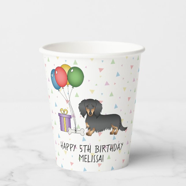 Black And Tan Long Hair Dachshund Happy Birthday Paper Cups (Front)