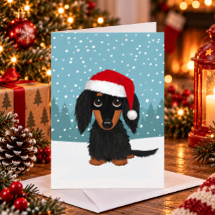 Black and Tan Longhaired Dachshund Dog Christmas Holiday Card