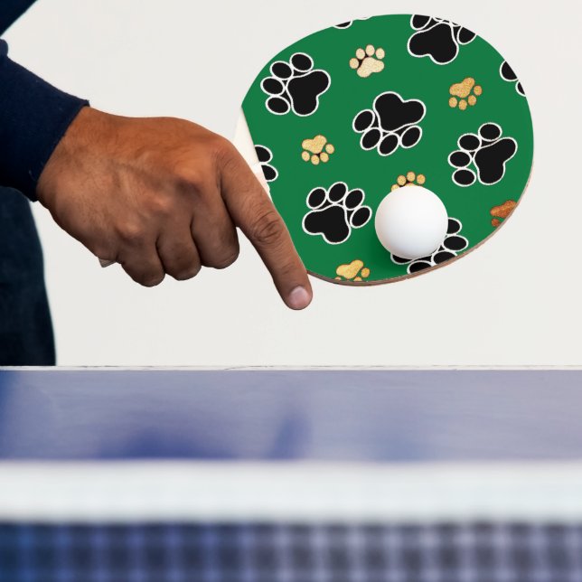 Black and tan luxury canine dog paw print ping pong paddle (Insitu)