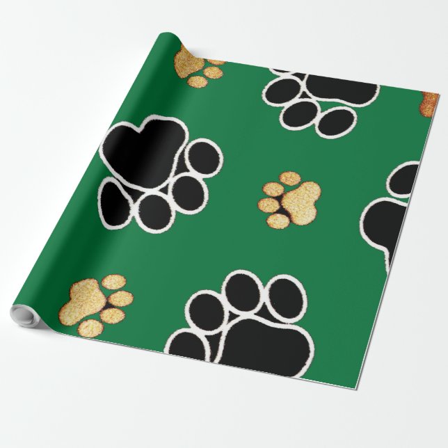 Black and tan luxury canine dog paw print wrapping paper (Unrolled)