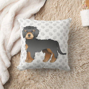 Black And Tan Mini Goldendoodle Cartoon Dog & Paws Cushion