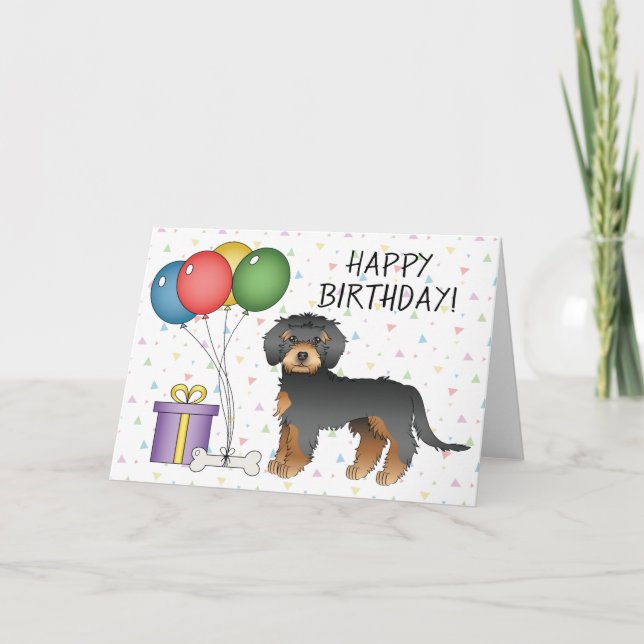 Black And Tan Mini Goldendoodle Happy Birthday Card (Front)