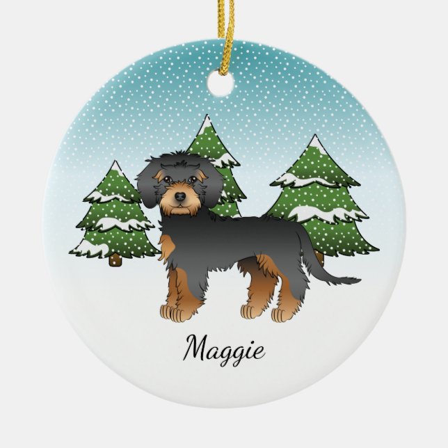 Black And Tan Mini Goldendoodle - Winter Forest Ceramic Tree Decoration (Front)