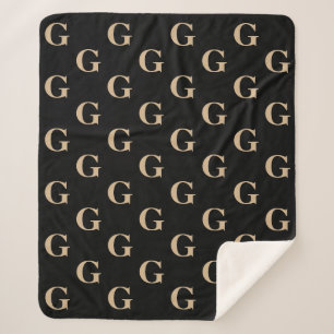 Black and Tan Monogram Pattern Sherpa Blanket
