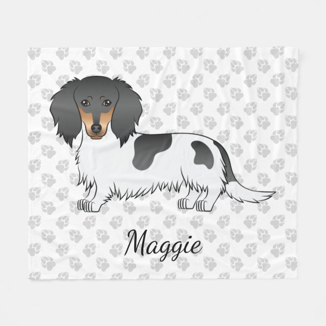 Black And Tan Piebald Long Hair Dachshund & Name Fleece Blanket (Front (Horizontal))
