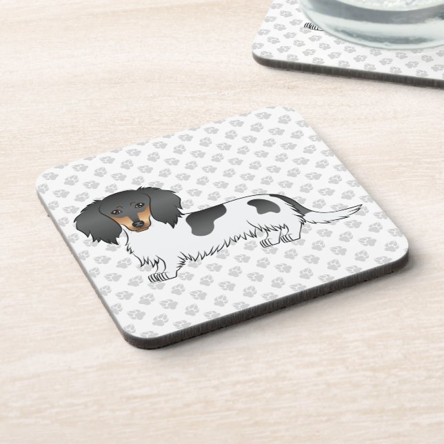 Black And Tan Piebald Long Hair Dachshund & Paws Coaster (Left Side)