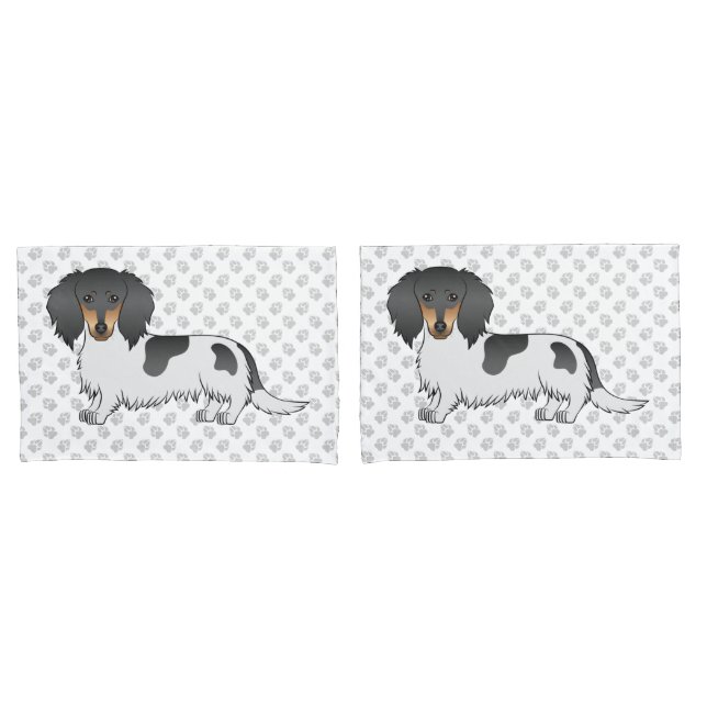 Black And Tan Piebald Long Hair Dachshund & Paws Pillowcase (Front-Set)