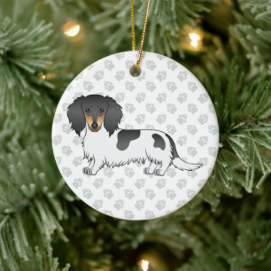 Black And Tan Piebald Long Hair Dachshund & Text Ceramic Tree Decoration