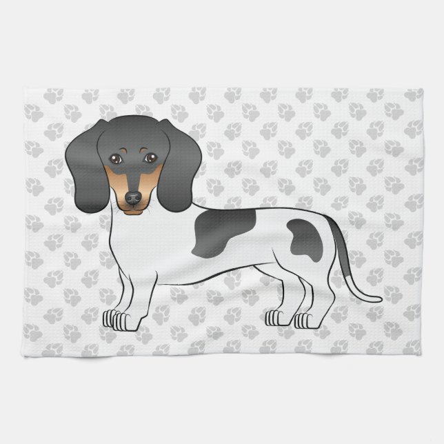 Black And Tan Piebald Short Hair Dachshund & Paws Tea Towel (Horizontal)