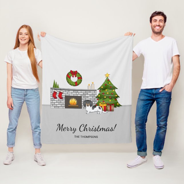 Black And Tan Pied Long Hair Dachshund Christmas Fleece Blanket (In Situ)