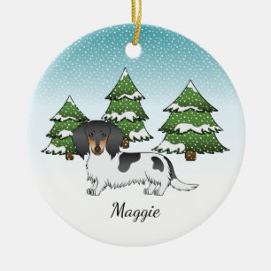 Black And Tan Pied Long Hair Dachshund In Winter Ceramic Tree Decoration