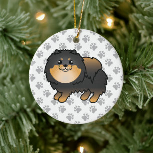 Black And Tan Pomeranian Cute Cartoon Dog & Paws Ceramic Tree Decoration