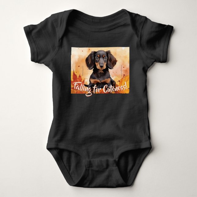 Black and Tan Puppy: Fall Fun Time Baby Bodysuit (Front)