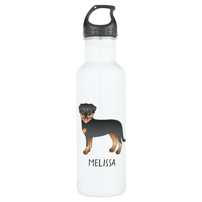 Black And Tan Rottweiler Cute Cartoon Dog And Name 710 Ml Water Bottle (Front)
