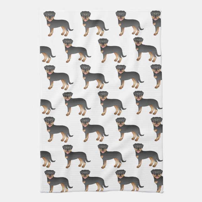 Black And Tan Rottweiler Cute Cartoon Dog Pattern Tea Towel (Vertical)