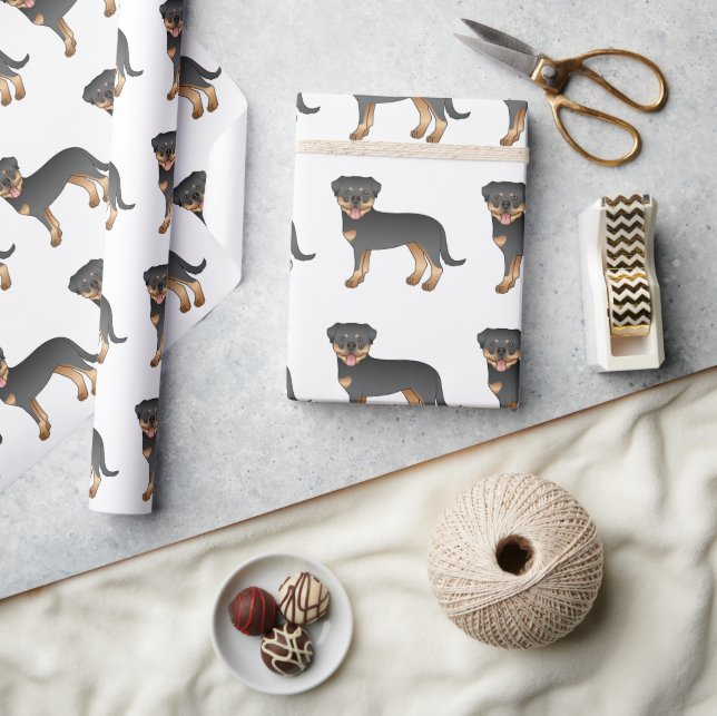 Black And Tan Rottweiler Cute Cartoon Dog Pattern Wrapping Paper (Crafts)