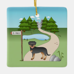 Black And Tan Rottweiler Dog By A Hiking Trail Ceramic Ornament