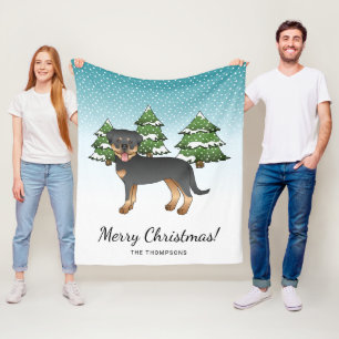 Black And Tan Rottweiler Dog In A Winter Forest Fleece Blanket