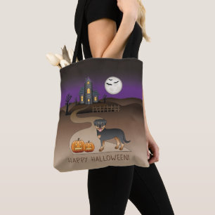 Black And Tan Rottweiler Halloween Haunted House Tote Bag