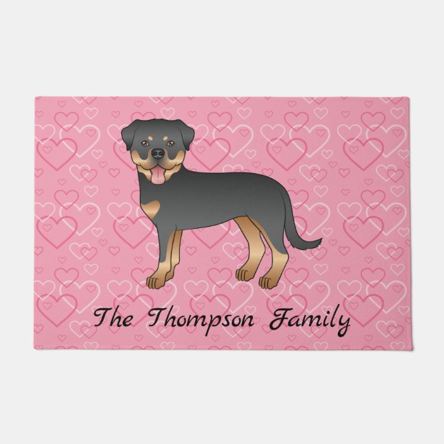 Black And Tan Rottweiler On Pink Hearts & Text Doormat (Front)